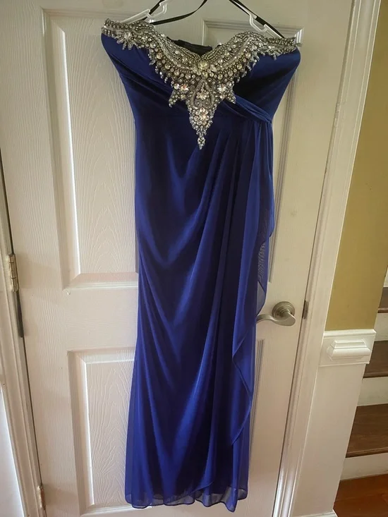 Xscape Royal Blue Beaded beaded neckline draped waist Maxi Gown SZ8 - Picture 3 of 10